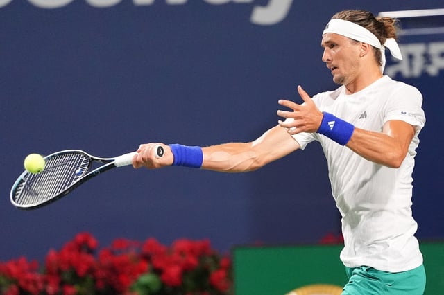 Jul 29, 2025; Toronto, ON, Canada; Alexander Zverev (GER) hits a ball to Adam Walton (not pictured) during the second round at Sobeys Stadium. Mandatory Credit: John E. Sokolowski-Imagn Images