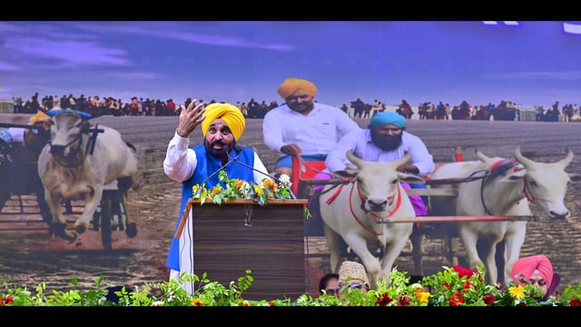 Chief minister Bhagwant Singh Mann addressing a rally in Mehma Singh Wala village in Ludhiana on Tuesday. (Gurpreet Singh/HT)