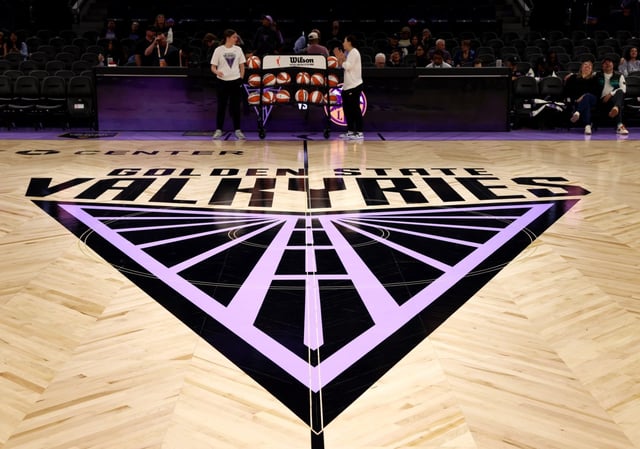 The Golden State Valkyries logo on the court before their WNBA pre-season game against the Los Angeles Sparks at the Chase Center in San Francisco, Calif., on Tuesday, May 6, 2025. (Jane Tyska/Bay Area News Group)