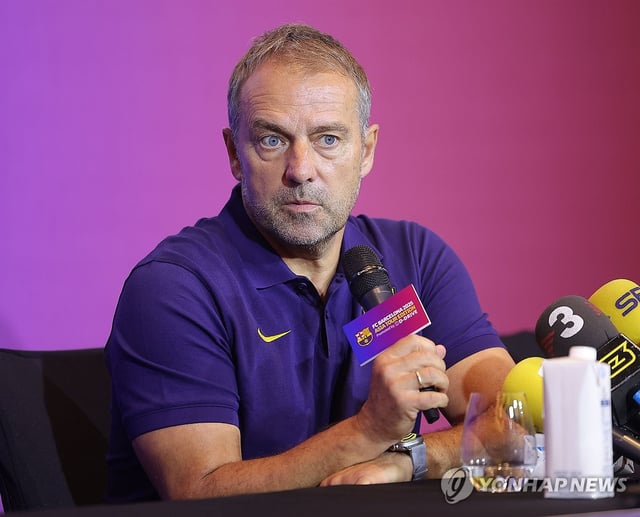 FC Barcelona head coach Hansi Flick speaks during a press conference in Seoul on July 30, 2025, the eve of his club's preseason match against FC Seoul. (Yonhap)
