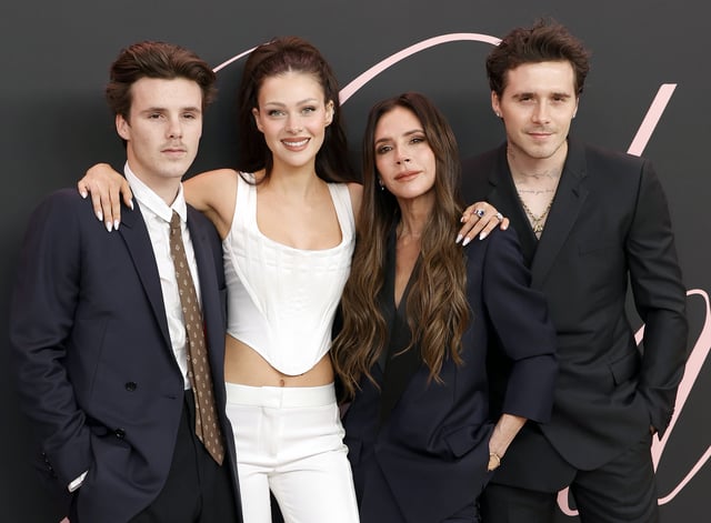 LOS ANGELES, CALIFORNIA - FEBRUARY 03: (L-R) Cruz Beckham, Nicola Peltz Beckham, Victoria Beckham and Brooklyn Peltz Beckham attend the premiere of &#34;Lola&#34; at Regency Bruin Theatre on February 03, 2024 in Los Angeles, California. (Photo by Frazer Harrison/Getty Images)