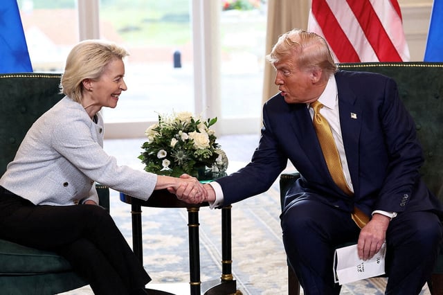President Donald Trump (right) shakes hands with European Commission President Ursula von der Leyen, after an announcement of a trade deal between the U.S. and EU, in Turnberry, Scotland, July 27, 2025. 