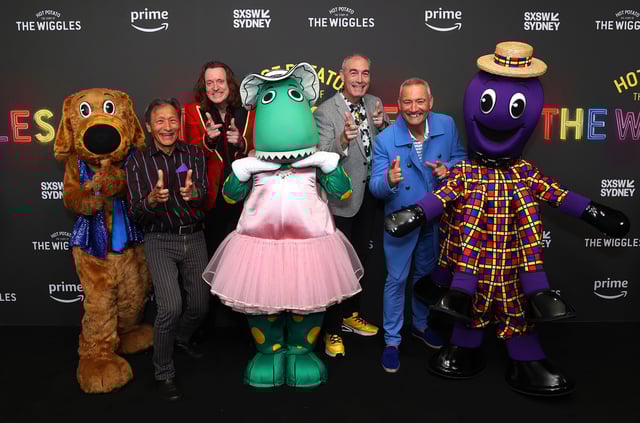 Jeff Fatt, Murray Cook, Greg Page and Anthony Field pose during the "Hot Potato: The Story Of The Wiggles" World Premiere at SXSW Sydney on October 19, 2023.