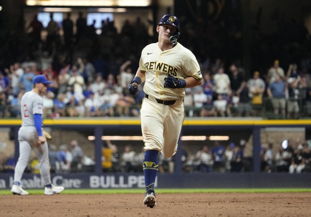 Jul 29, 2025; Milwaukee, Wisconsin, USA; Milwaukee Brewers first baseman Andrew Vaughn (28) rounds the bases after hitting a home run against the Chicago Cubs in the sixth inning at American Family Field. Mandatory Credit: Michael McLoone-Imagn Images