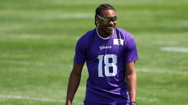 Jul 28, 2025; Eagan, MN, USA; Minnesota Vikings wide receiver Justin Jefferson (18) looks on during the teams training camp at the Minnesota Vikings Training Facility. Mandatory Credit: Matt Krohn-Imagn Images