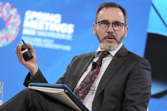 Pierre-Olivier Gourinchas, IMF economic counsellor and director of research, speaks during a news conference on the IMF&#39;s Monetary Policy and Financial Stability in Inflationary Times, during the IMF/World Bank Group Spring Meetings at the IMF headquarters in Washington, DC, on April 23, 2025.
