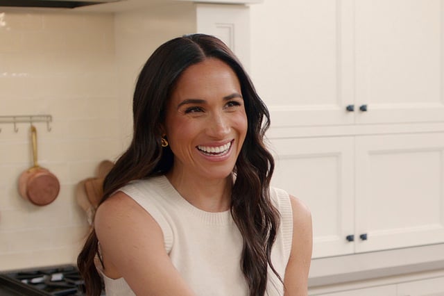 Meghan Markle laughs during filming of With Love, Meghan, her Netflix cooking show, which droppedin March 2025.