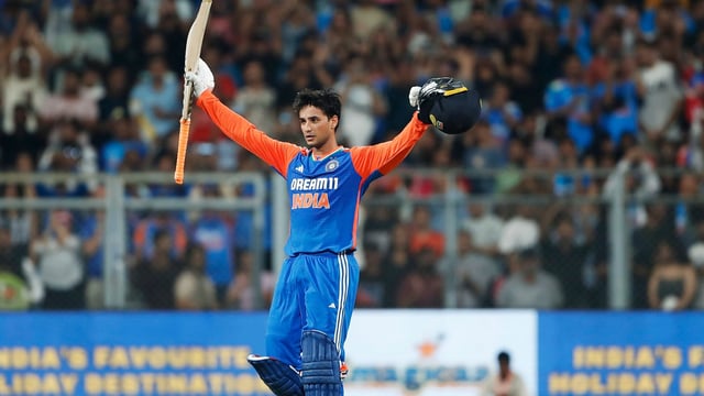 India's Abhishek Sharma celebrates his century during the 5th T20I match against England, at Wankhede Stadium earlier this year