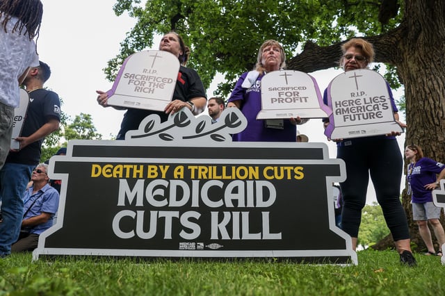 WASHINGTON, DC - JUNE 23: Care workers with the Service Employees International Union (SEIU) participate in a living cemetery protest at the US Capitol June 23, 2025 in Washington, DC.