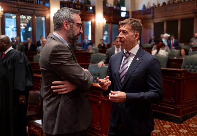 State Rep. Will Guzzardi, left, and Secretary of State Alexi Giannoulias in Springfield on Feb. 21, 2024. (Brian Cassella/Chicago Tribune/pool)