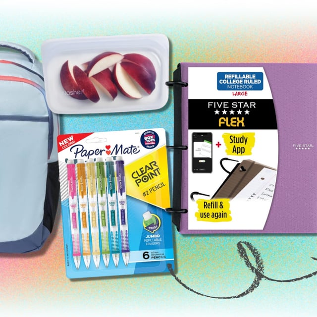 Backpack, bag of sliced apples, pack of mechanical pencils, binder, and Bluey insulated bottle arranged on colorful backdrop