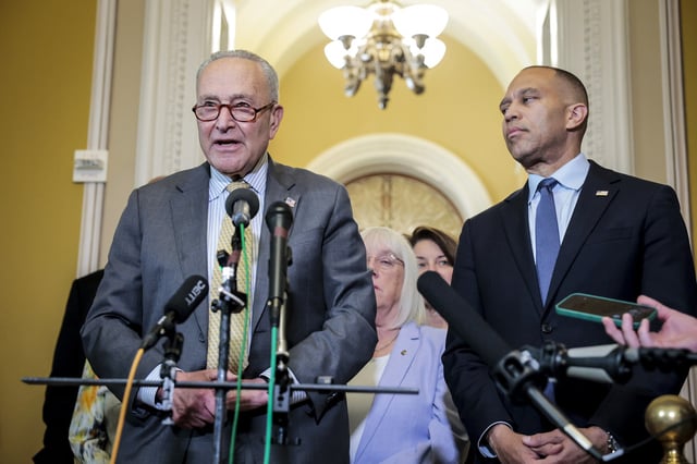 Senate Minority Leader Chuck Schumer, D-N.Y., and House Minority Leader Hakeem Jeffries, D-N.Y., speak to reporters in the Ohio Clock Corridor of the U.S. Capitol Building on July 22, 2025.