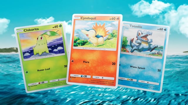 Three starter Pokémon cards from the Pokémon TCG Pocket Wisdom of Sea and Sky expansion.