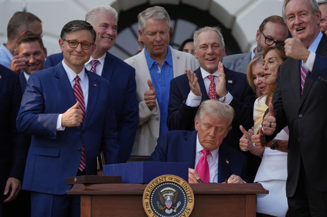 FILE - President Donald Trump signs his signature bill of tax breaks and spending cuts at the White House, July 4, 2025, in Washington, surrounded by members of Congress. (AP Photo/Julia Demaree Nikhinson)
