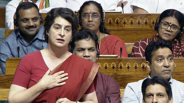 Congress MP Priyanka Gandhi Vadra speaks in the Lok Sabha during the debate on Operation Sindoor, during the Monsoon Session of Parliament on Tuesday. 