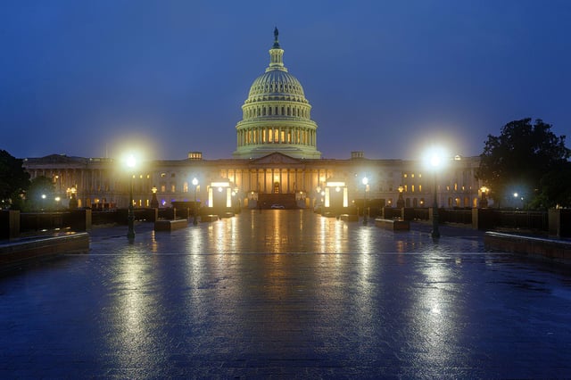 WASHINGTON, DC - MAY 14: The U.S. Capitol building is shrouded in the early morning rain and mist on May 14, 2025, in Washington, DC. (Photo by J. David Ake/Getty Images)