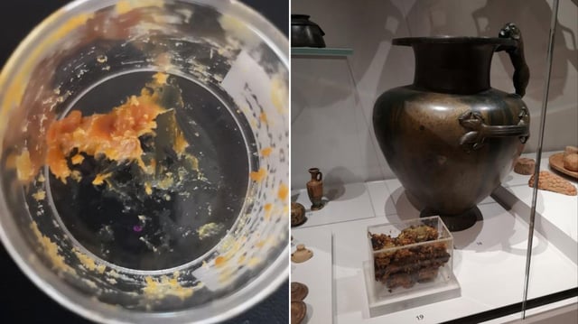 2,500-year-old honey and bronze jar on display at the Ashmolean Museum contained a mysterious substance (shown in the foreground)