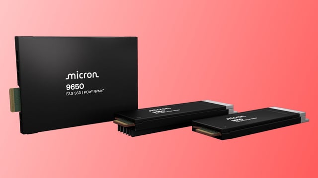 A modified promotional image for Micron's 9650 NVMe PCIe 6.0 SSDs, with the original black background swapped for a gradient red one.
