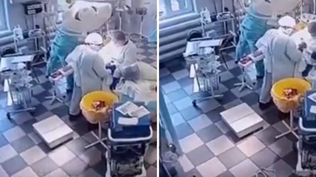 In the video, doctors react to the tremors, and as they grow stronger, they rush to ensure that the patient is stable.