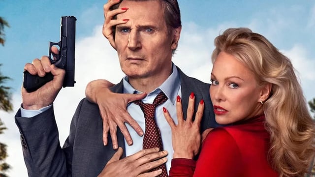 Liam Neeson and Pamela Anderson geting close and personal on the Naked Gun poster.