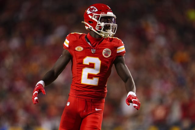Joshua Williams #2 of the Kansas City Chiefs looks on from the field during an NFL football game against the Denver Broncos at GEHA Field at Arrowhead Stadium on October 12, 2023 in Kansas City, Missouri.