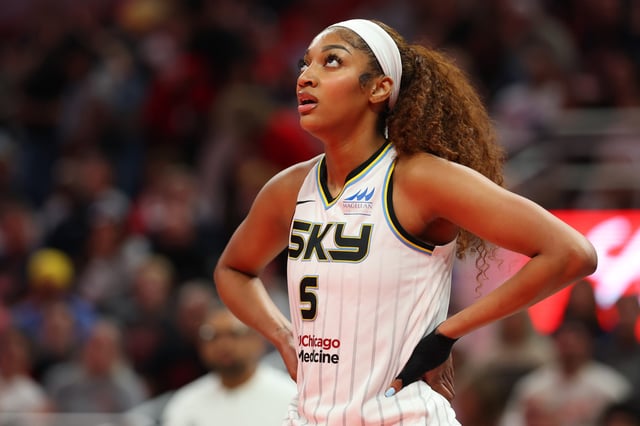 Angel Reese #5 of the Chicago Sky looks on while playing the Indiana Fever in the Fever&#39;s home opener at Gainbridge Fieldhouse on May 17, 2025 in Indianapolis, Indiana.