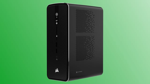 A promotional image of a Corsair AI Workstation 300 mini-PC against a green gradient background.