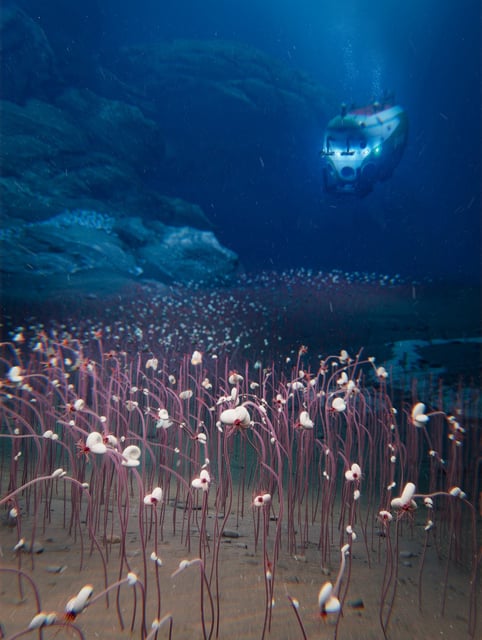 An undated illustration shows the deepest chemosynthetic communities of organisms at the bottom of a deep-ocean trench, with the crewed submersible Fendouzhe above.    Institute of Deep-sea Science and Engineering, CAS (IDSSE, CAS)/Handout via REUTERS