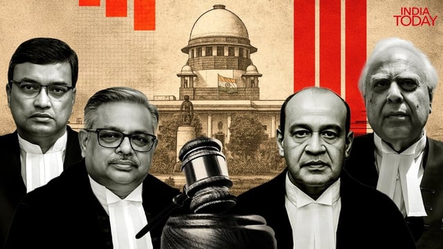 (From left to right) Justice Dipankar Datta, Justice AG Masih, Justice Yashwant Varma, Senior Advocate Kapil Sibal.
