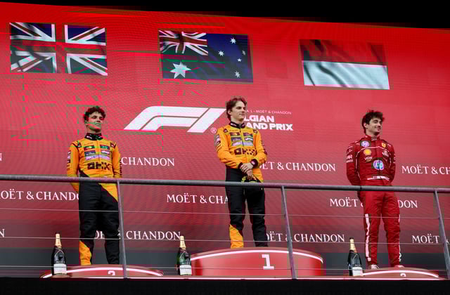 Formula One F1 - Belgian Grand Prix - Circuit de Spa-Francorchamps, Stavelot, Belgium - July 27, 2025 McLaren's Oscar Piastri celebrates on the podium after winning the Belgian Grand Prix with second placed McLaren's Lando Norris and third placed Ferrari's Charles Leclerc REUTERS/Yves Herman