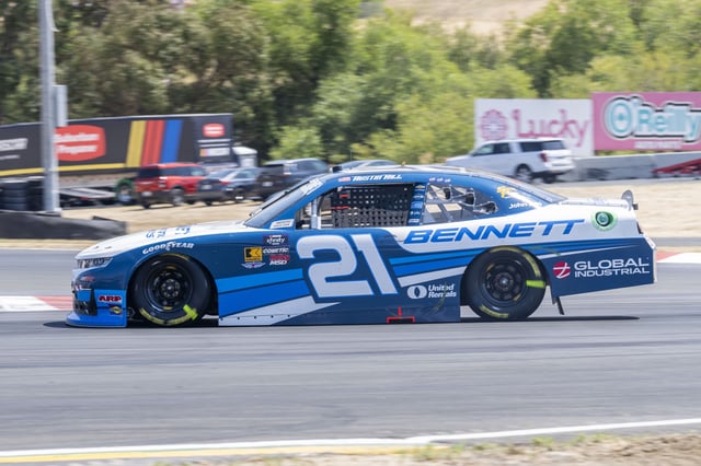 Jul 12, 2025; Sonoma, California, USA;  NASCAR Xfinity Series driver Austin Hill (21) navigates around Turn 7 during the NASCAR Xfinity Series at Sonoma Raceway. Mandatory Credit: Stan Szeto-Imagn Images/ File Photo