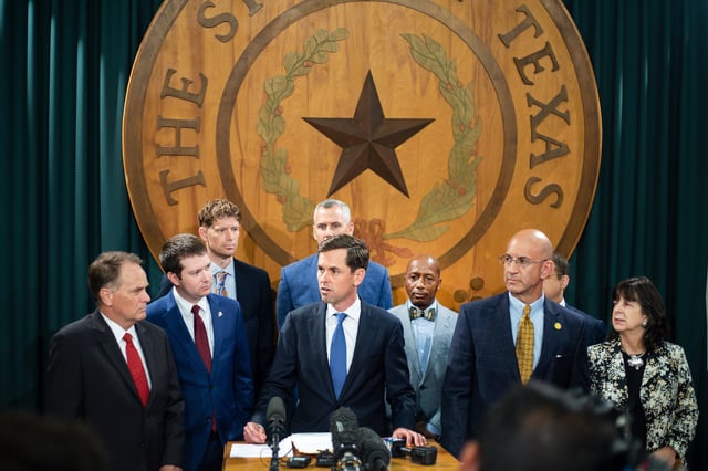 U.S. Rep. Mayes Middleton (R-TX) (C) of the Texas Freedom Caucus addresses the media in the Texas Capitol on July 13, 2021 in Austin, Texas. The Texas House voted to arrest Democrats who fled the state to deny a quorum in protest of Republicans' controversial voting bill.