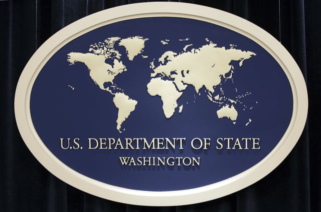 U.S. Department of State sign is seen at the State Department in Washington.