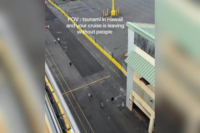 A screengrab from a video a passenger took as the ship left the port in Hawaii. In the video people were seen running to get to the ship.