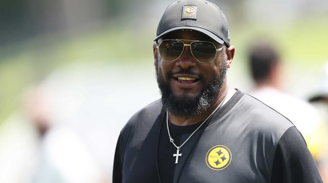 Jul 24, 2025; Latrobe, PA, USA; Pittsburgh Steelers head coach Mike Tomlin reacts during training camp at Saint Vincent College. Mandatory Credit: Charles LeClaire-Imagn Images