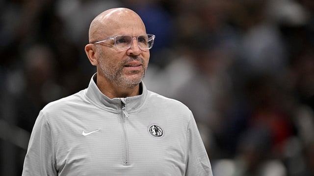 Apr 11, 2025; Dallas, Texas, USA; Dallas Mavericks head coach Jason Kidd looks on during the second quarter against the Toronto Raptors at the American Airlines Center. Mandatory Credit: Jerome Miron-Imagn Images