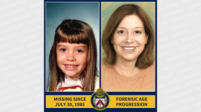 Toronto police on July 30, 2025, announced a $50,000 reward for information about the 1985 disappearance of eight-year-old Nicole Morin (left) and released a new forensic age progression sketch (right) that shows what Morin could possibly look like at 48 years old. 
