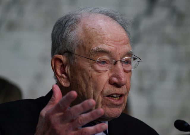 U.S. Senator Chuck Grassley (R-IA) speaks as Kash Patel, U.S. President Donald Trump's nominee to be director of the FBI, testifies before a Senate Judiciary Committee confirmation hearing on Capitol Hill in Washington, U.S., January 30, 2025. REUTERS/Evelyn Hockstein/File Photo