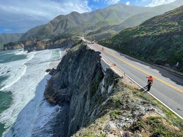FILE: Caltrans crews work on a section of Highway 1 that collapsed into the ocean in March 2024 in Monterey County, Calif.