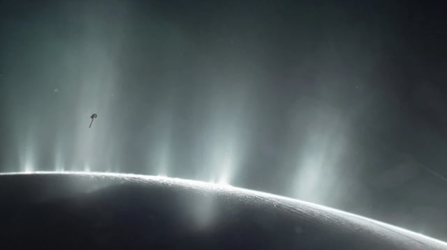 An artist's impression of NASA's Cassini flying through Enceladus' plumes.
