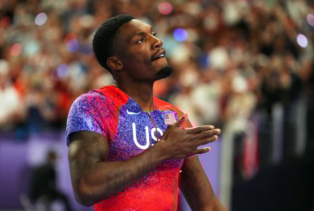 Paris 2024 Olympics - Athletics - Men's 100m Final - Stade de France, Saint-Denis, France - August 04, 2024. Fred Kerley of United States celebrates after winning bronze. REUTERS/Aleksandra Szmigiel/File Photo