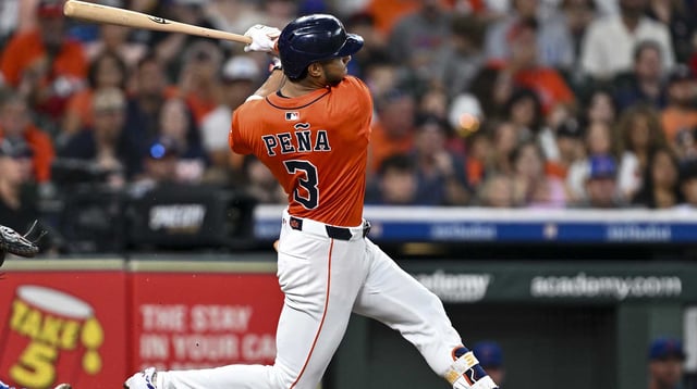 Jun 27, 2025; Houston, Texas, USA; Houston Astros shortstop Jeremy Pena (3) bats in the second inning against the Chicago Cubs at Daikin Park. Mandatory Credit: Maria Lysaker-Imagn Images