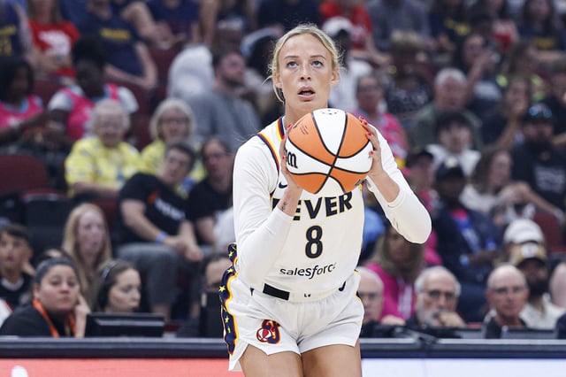 Jul 27, 2025; Chicago, Illinois, USA; Indiana Fever guard Sophie Cunningham (8) shoots against the Chicago Sky during the first half at United Center. Mandatory Credit: Kamil Krzaczynski-Imagn Images/ File Photo