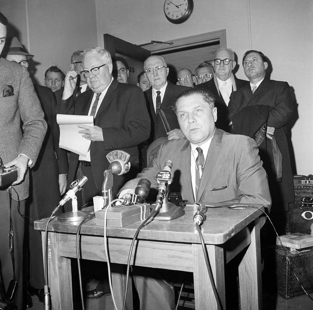 FILE - Teamster President Jimmy Hoffa, makes an appearance at a hearing in 6th U.S. Circuit Court of Appeals in Cincinnati, Dec. 14, 1964. (AP Photo/Gene Smith, File)