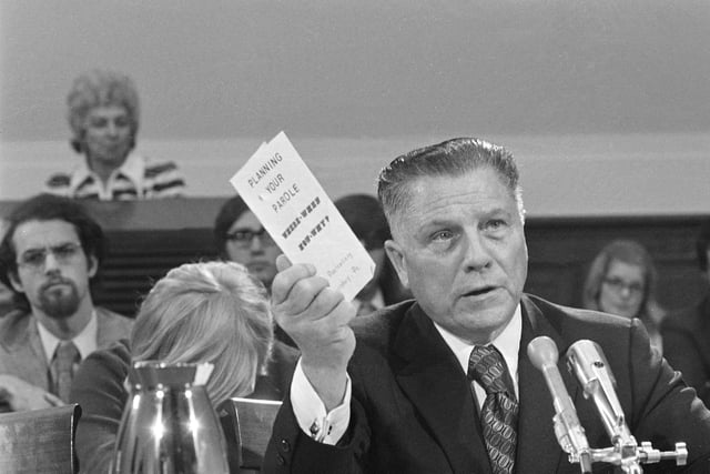 FILE - James R. Hoffa, former president of the Teamsters Union, testifies at a House Judiciary Committee hearing on parole procedures, in Washington, Oct. 19, 1972. (AP Photo, File)