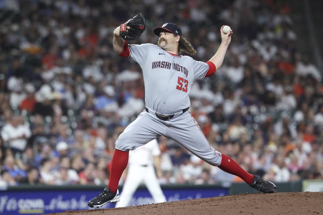 Jul 29, 2025; Houston, Texas, USA; Washington Nationals relief pitcher Andrew Chafin (53) delivers a pitch during the fifth inning against the Houston Astros at Daikin Park. Mandatory Credit: Troy Taormina-Imagn Images/ File Photo