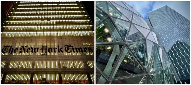 The New York Times building in Manhattan, left, and Amazon headquarters in Seattle. (GeekWire File Photos / Kurt Schlosser)