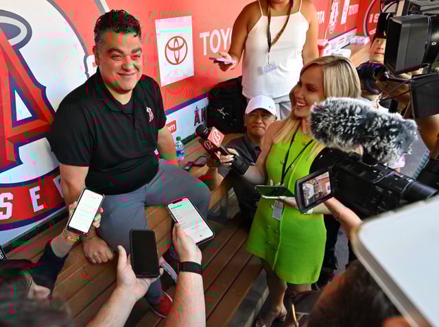 General manager Perry Minasian of the Los Angeles Angels talks to the media before the game against the Kansas City Royals at Angel Stadium of Anaheim on June 20, 2022 in Anaheim, California.