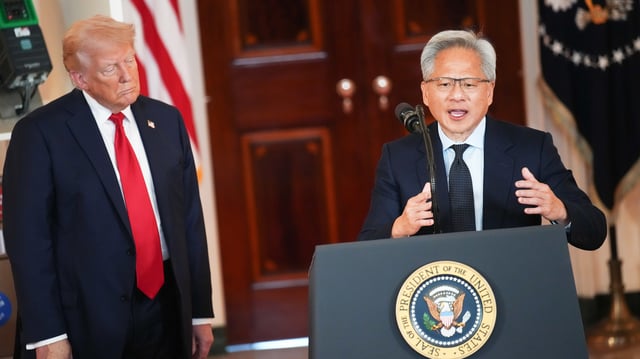 US President Donald Trump and NVIDIA CEO Jensen Huang at the "Investing in America" event on April 30, 2025.