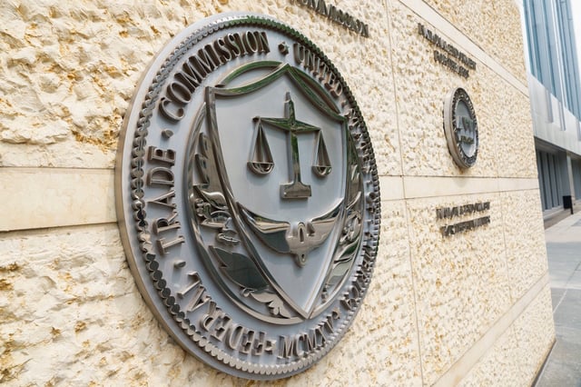 A logo is displayed outside of Federal Trade Commission (FTC) at Constitution Center in Washington, D.C.